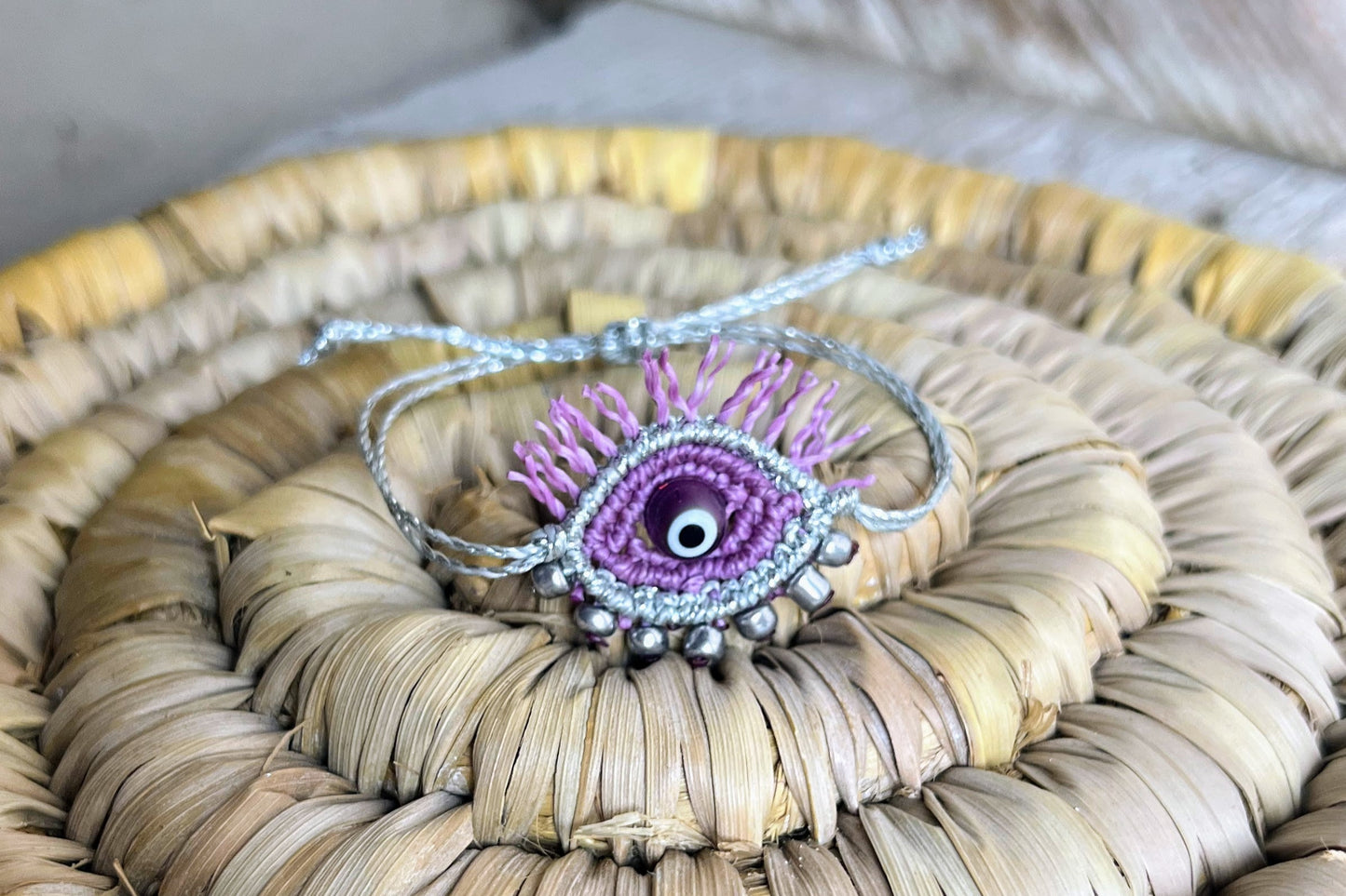bracciale macramè viola argento evil eye