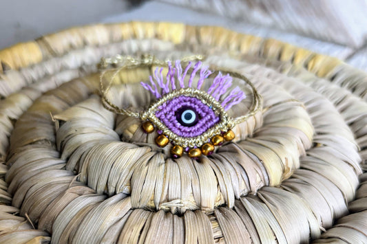 bracciale evil eye viola oro macramè